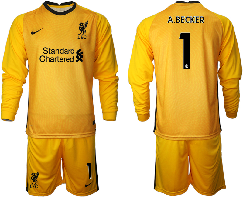2021 Men Liverpool yellow goalkeeper long sleeve #1 soccer jerseys->liverpool jersey->Soccer Club Jersey